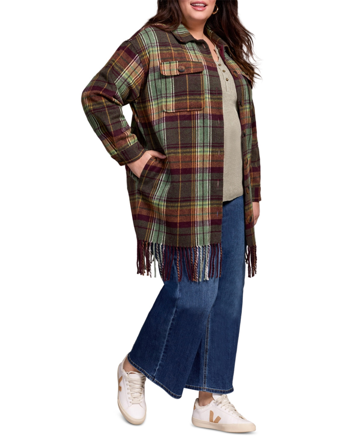 Tribal Plus Size Brushed Plaid Fringe-Hem Button-Front Shirt Jacket - Passion Plum | Macy's