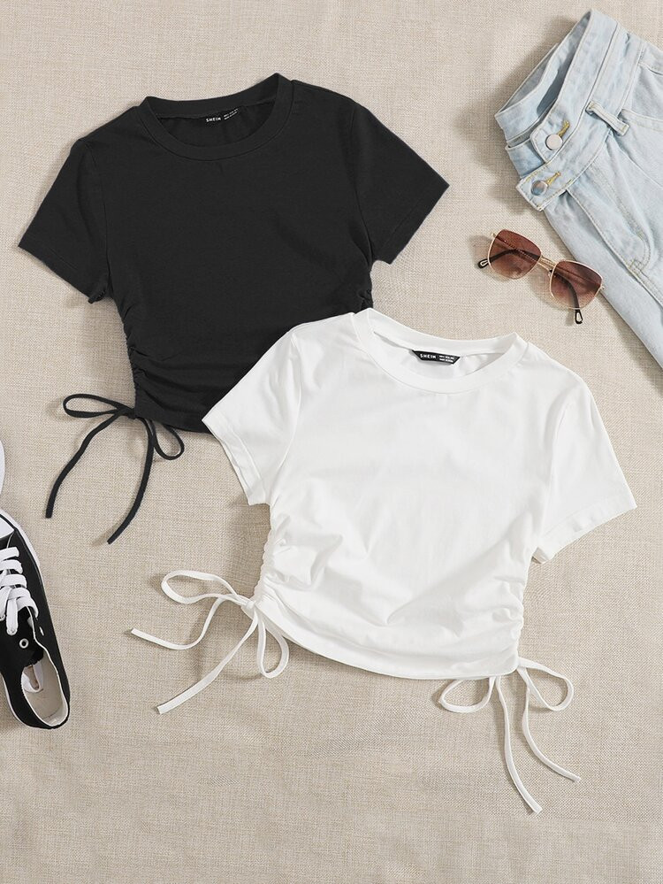 SHEIN EZwear 2 Pack Ruched Drawstring Side Tee | SHEIN
