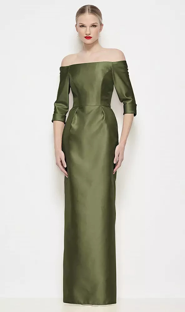 Off-the-Shoulder 3/4 Sleeve Column Satin Maxi Dress in Olive Green | Dessy Group