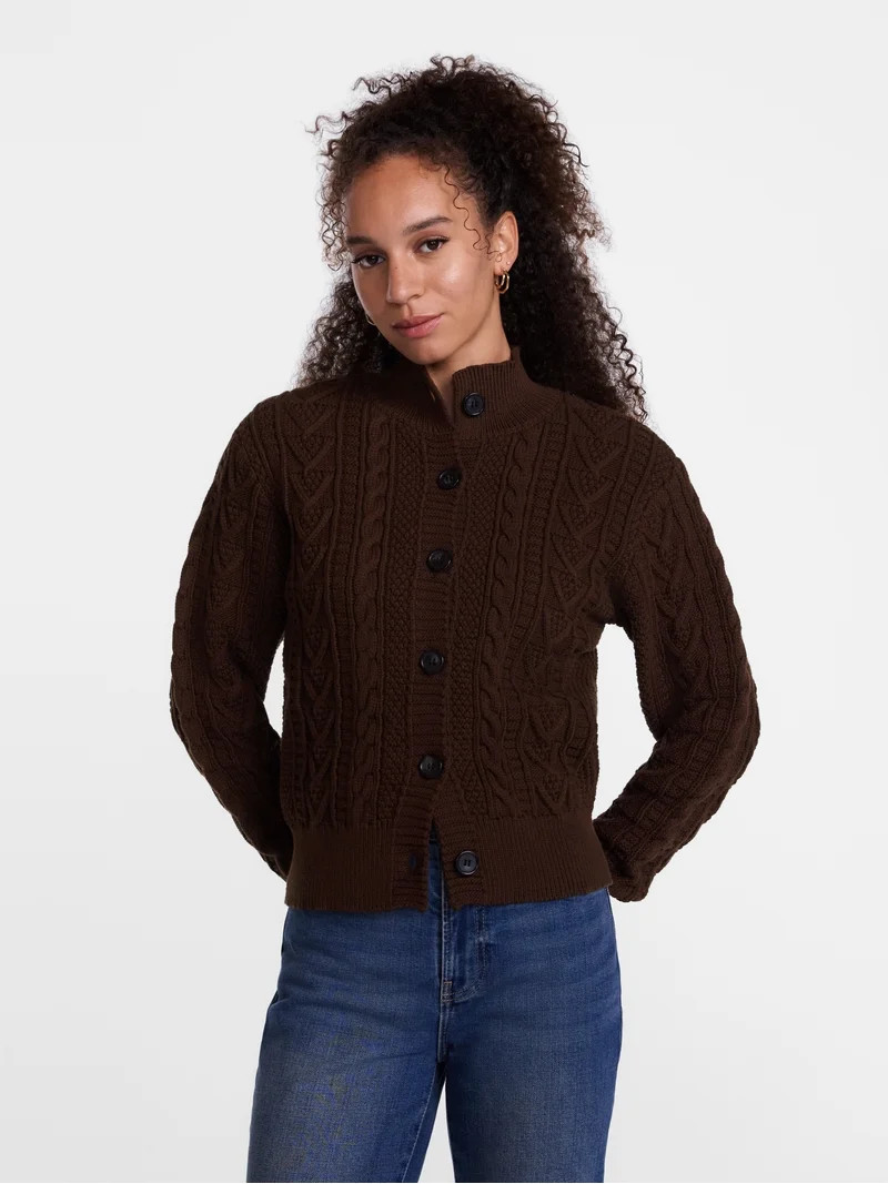 Scenario Woman's Cable Cardigan Sweater with Long Sleeves, Mid-weight, Sizes XS-XXXL | Walmart (US)