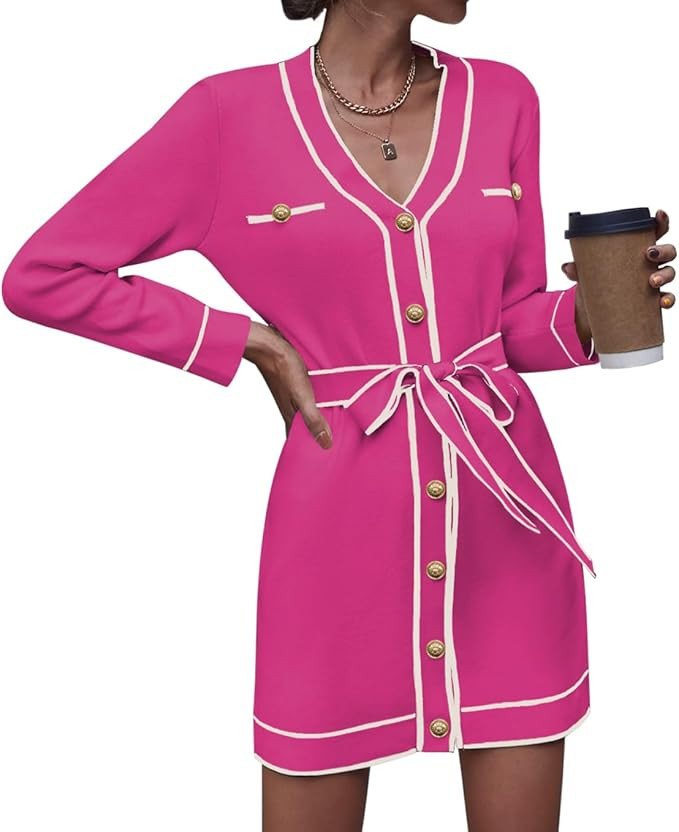 Pink Queen Women's V Neck Long Sleeve Mini Dress Elegant Button Down Open Front Color Block Knit ... | Amazon (US)
