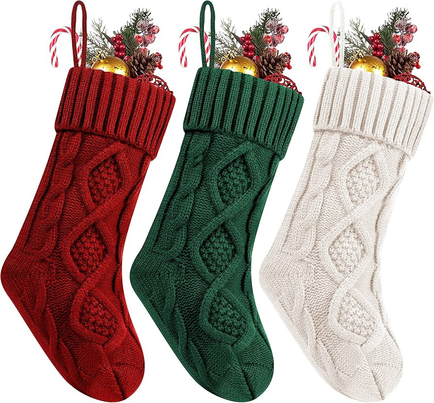 Amazon.com: Fesciory 3 Pack Christmas Stockings 14 Inches Large Size Cable Knitted Stocking Gifts... | Amazon (US)