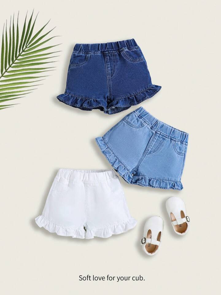 Cozy Cub 3pcs/Set Baby Girls' Spring & Summer Boho Casual Ruffle Trim Elastic Waist Soft Denim Je... | SHEIN