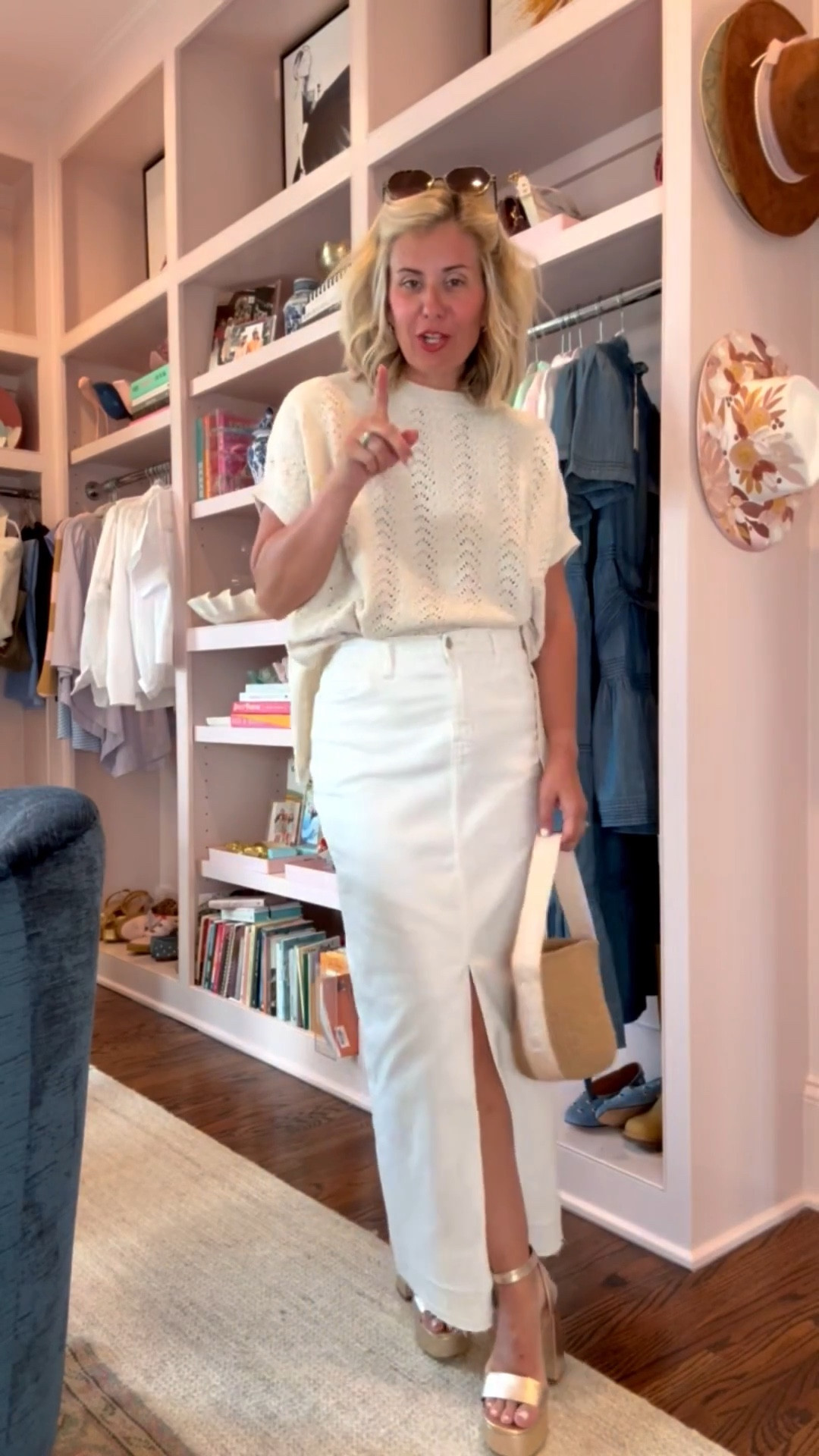 Love this look with a mix of whites & pops of gold! I’m wearing o/s sweater, 26 skirt &  8 heel. 

#LTKmomlife #LTKdayinmylife #LTKOver40