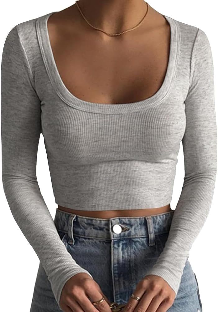 Artfish Women's Square Neck Long Sleeve Ribbed Slim Fitted Casual Basic Crop Top | Amazon (US)