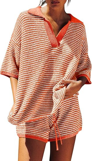 Tankaneo Womens Sweater Set 2 Piece Outfits 3/4 Sleeve Tops Shorts Lounge | Knit V Neck High Wais... | Amazon (US)