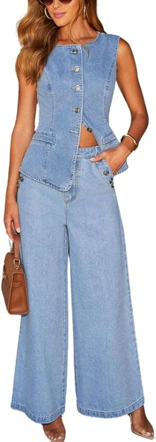 Women's Denim Set 2 Piece Outfits Button Down Sleeveless Blazer Vest Wide Leg Jeans Matching Suit... | Amazon (US)