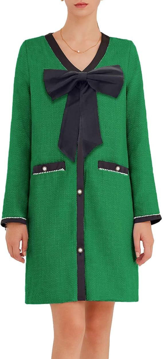 Women's Tweed Bow Mini Dress Long Sleeve V Neck Button Down Dress Elegant Business Work Dress | Amazon (US)