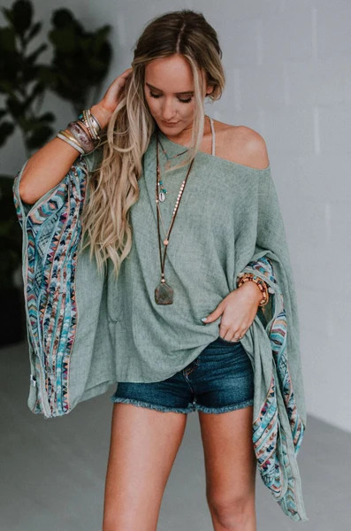 Fallon Embroidered Sleeve Kimono - Sage | Three Bird Nest
