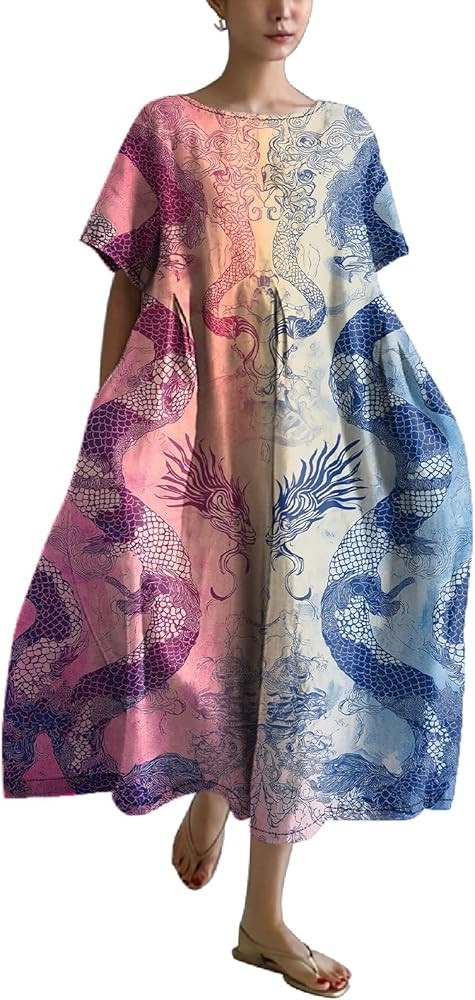 MARSVOVO Short Sleeve Dress for Women with Pockets Japanese Art Crane Print Funny Octopus Graphic... | Amazon (US)