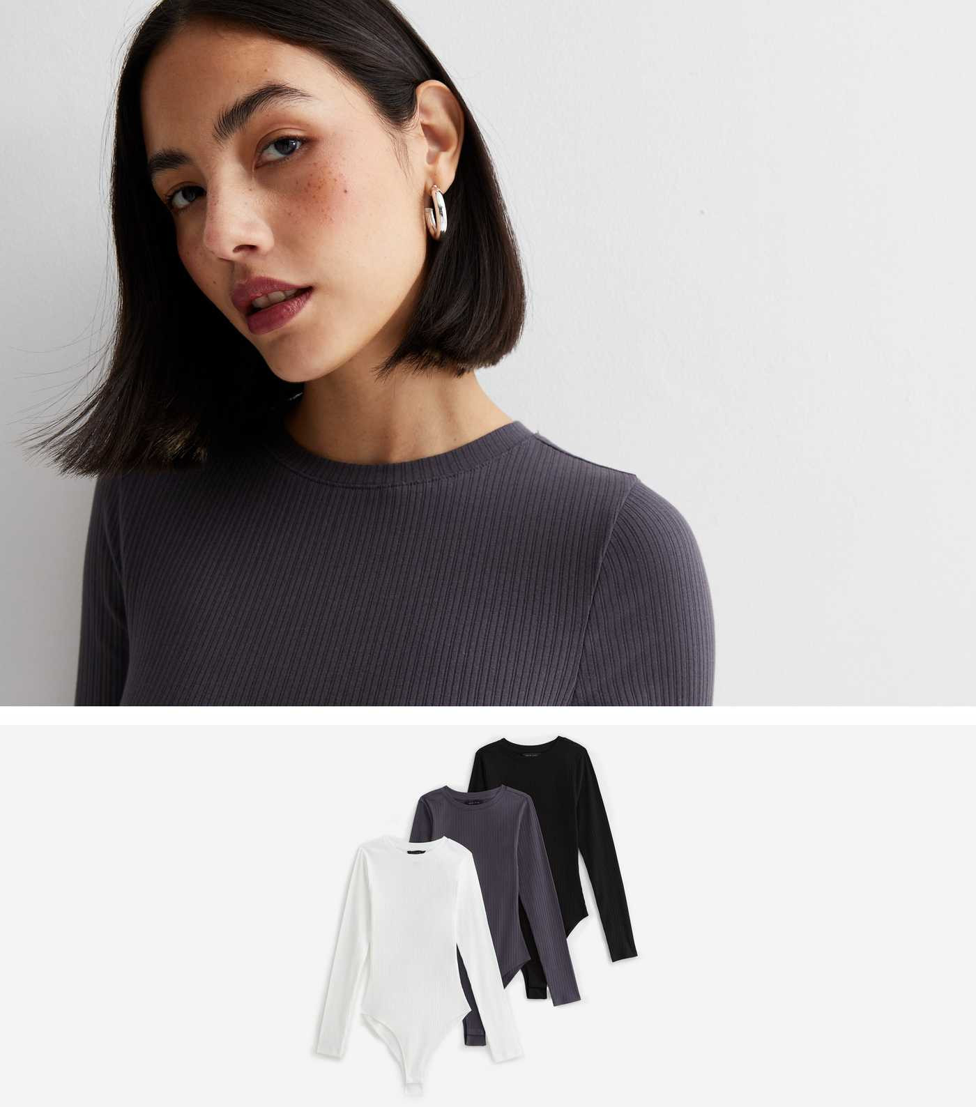 3 Pack Dark Grey White and Black Ribbed Bodysuits | New Look | New Look (UK)