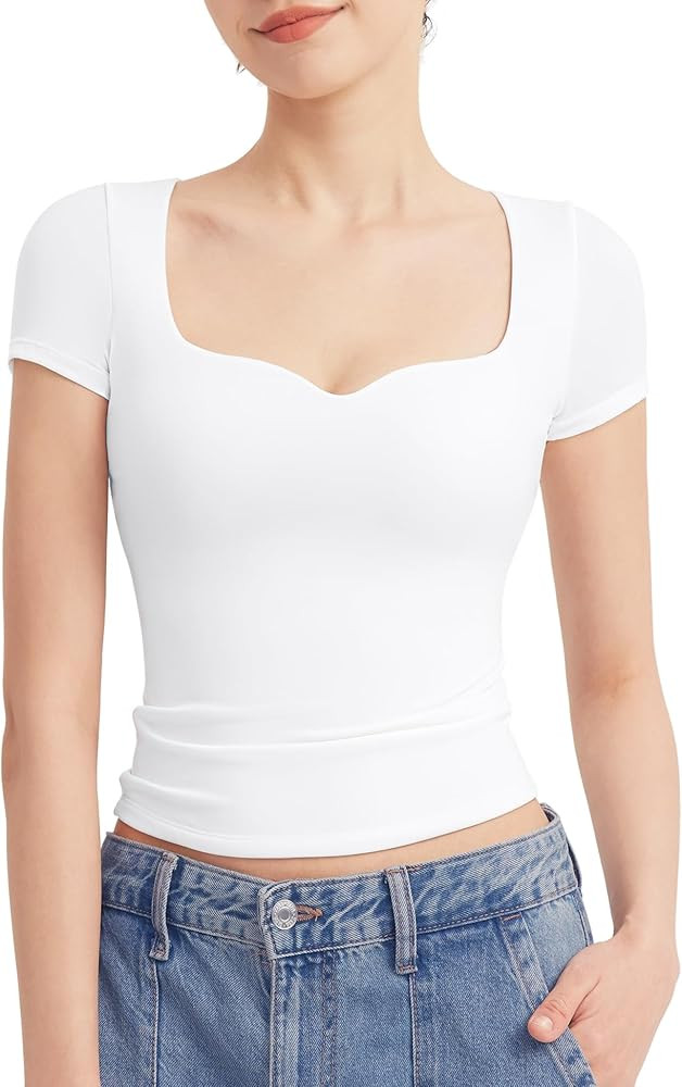 PUMIEY Women's Tops Sweetheart Neck Short Sleeve Going Out Top Cute T Shirts Slim Fitted Sexy Tee... | Amazon (US)