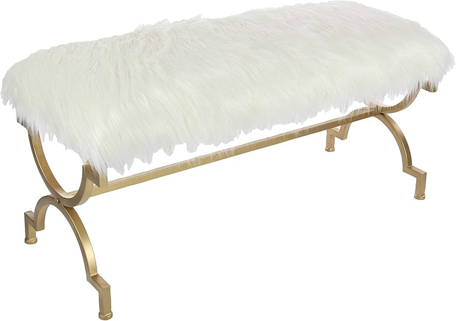 Deco 79 Metal Bench with White Faux Fur Top, 42" x 17" x 20", Gold | Amazon (US)