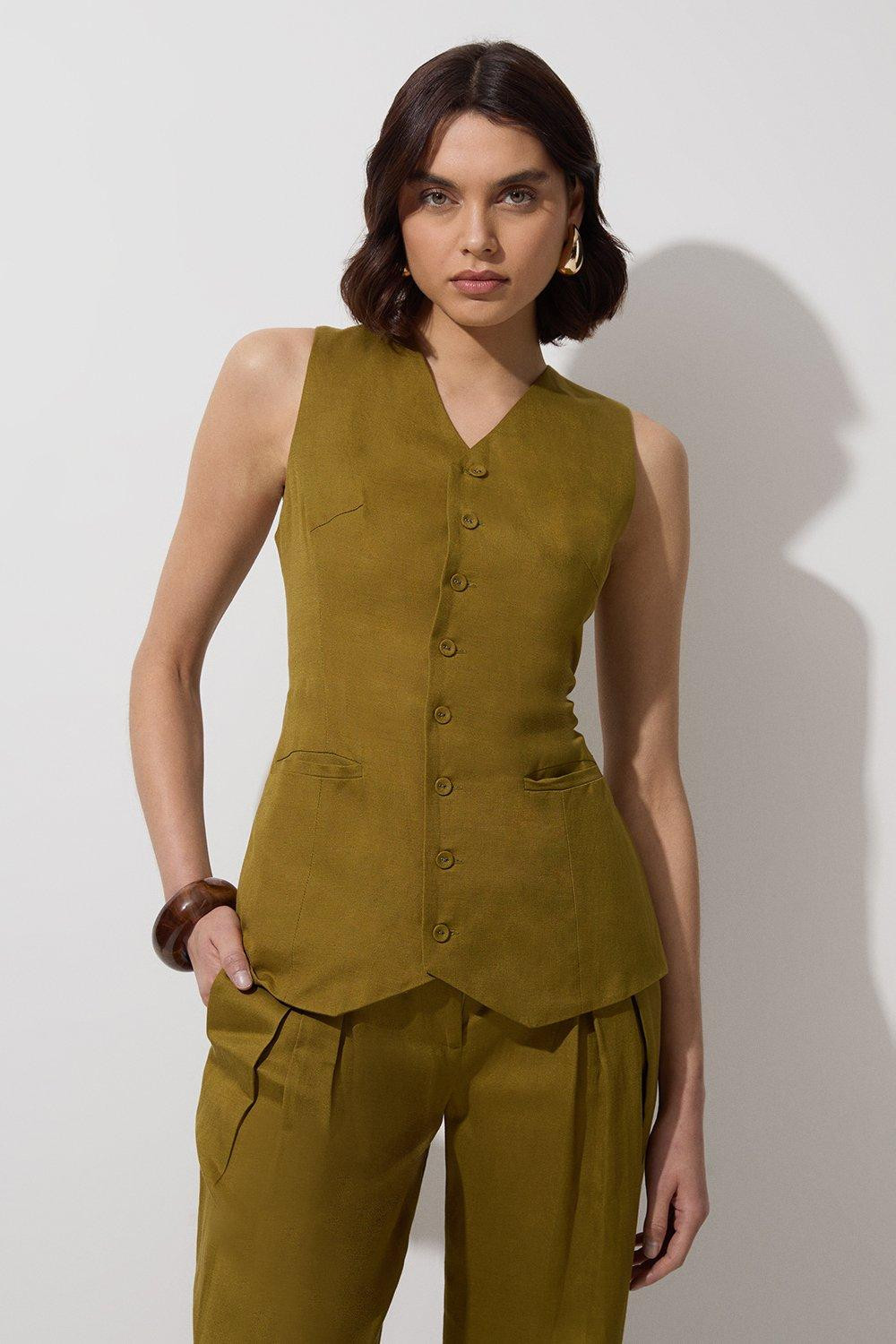 Viscose Linen Woven Longline Waistcoat | Karen Millen UK + IE + DE + NL
