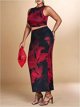 Milumia Women's Plus Size 2 Piece Outfit Floral Round Neck Cropped Tank Top and Long Bodycon Skir... | Amazon (US)