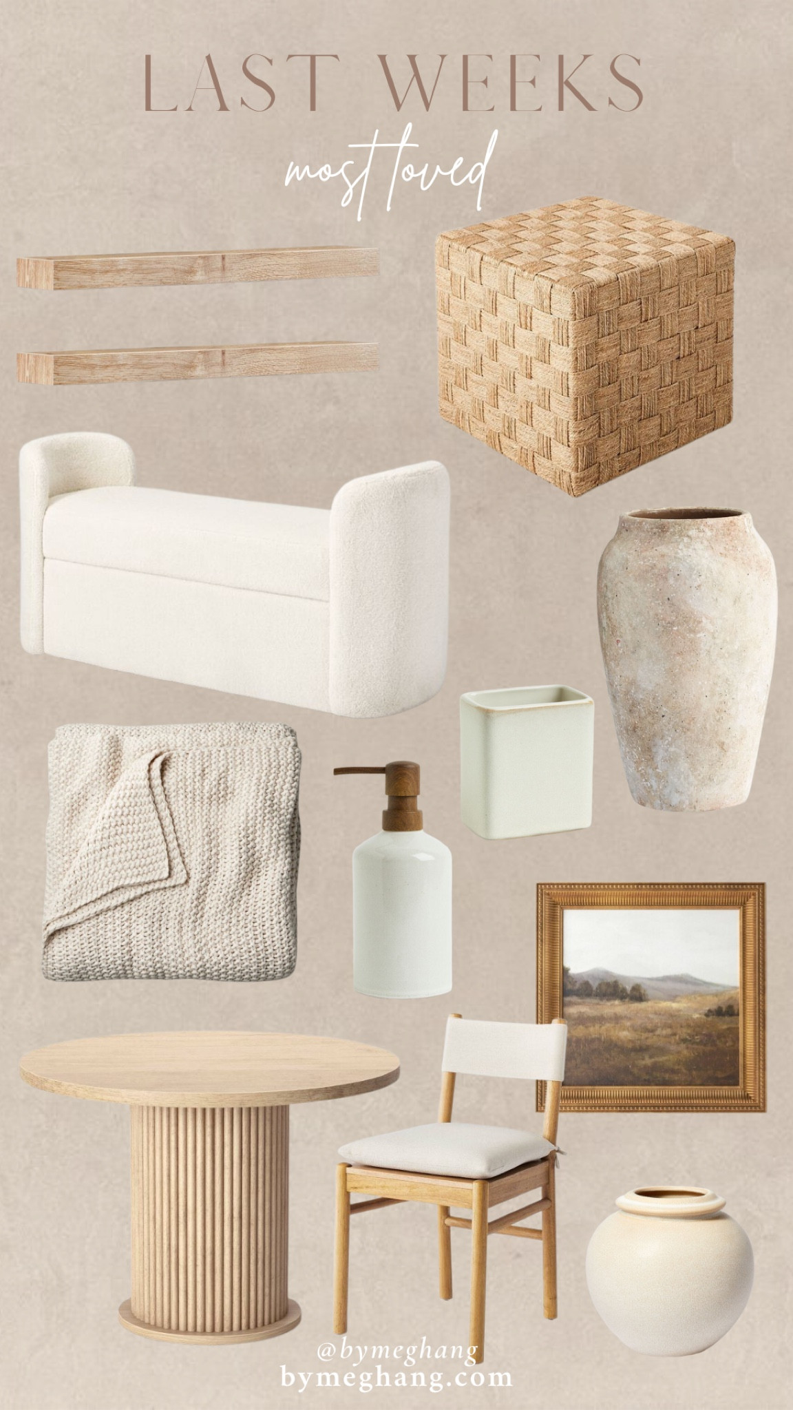 Last weeks most loved items! Woven ottomans, boucle bench, floating wooden shelves, textured vase, stoneware soap dispenser and toothbrush holder, knit bed blanket, vintage art, affordable round dining table and affordable dining chairs 

#LTKFind #LTKhome