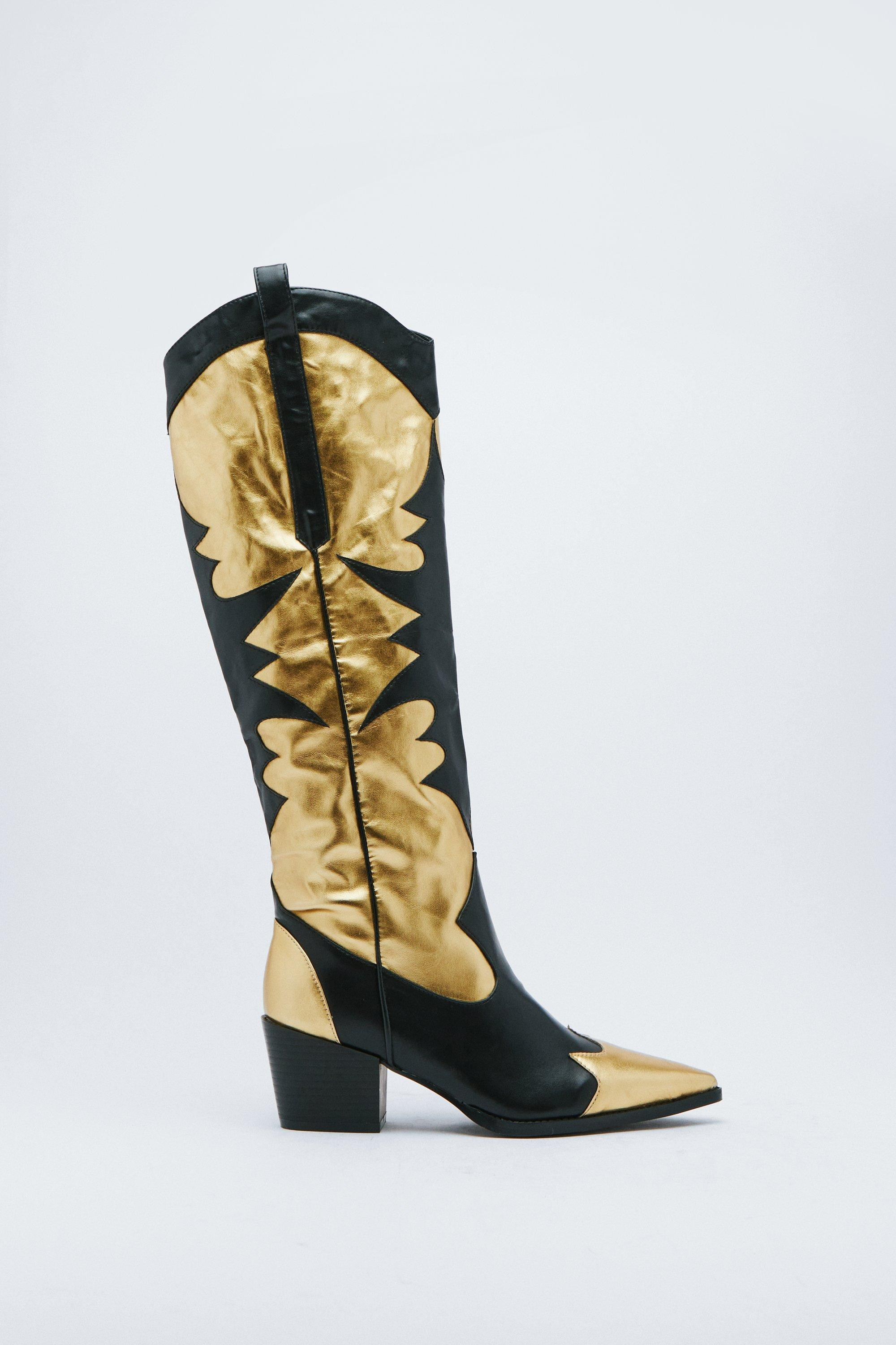Faux Leather Contrast Knee High Cowboy Boots | Nasty Gal (US)