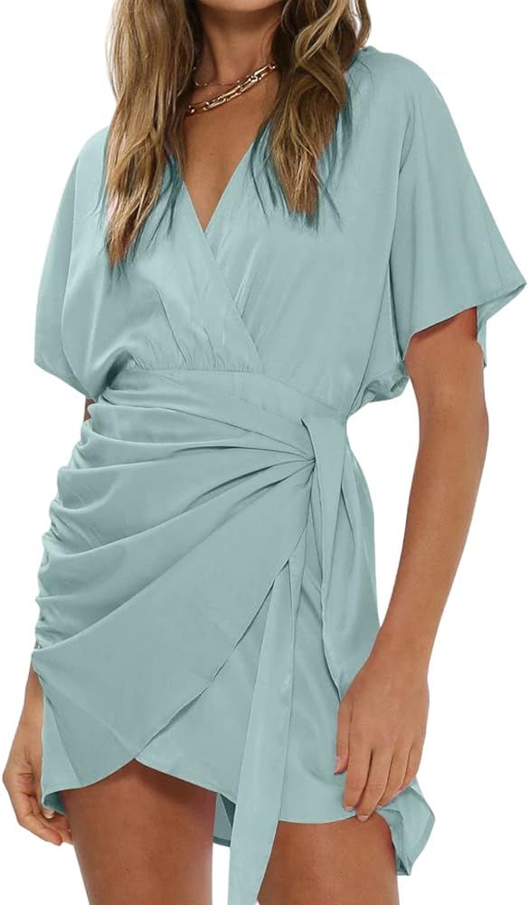 NERLEROLIAN Women's Wrap Dress Casual Relaxed Sleeve Side Tie Waist Crossover V Neck Mini Dresses | Amazon (US)