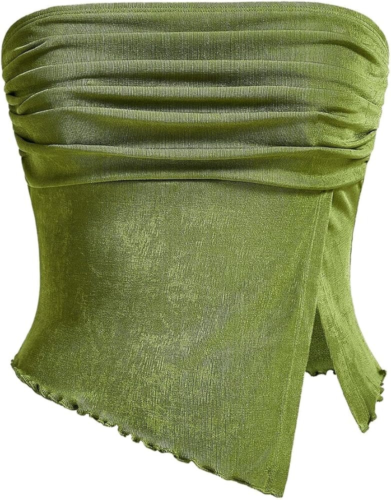 Milumia Women Sexy Mesh Tube Tops Split Hem Going Out Strapless Bandeau Tops Ruched Tank Shirts | Amazon (US)