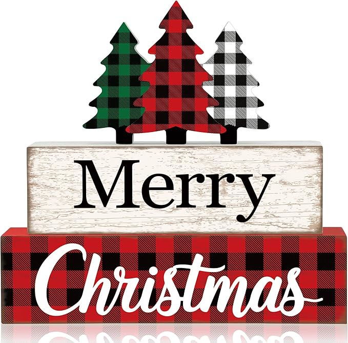 3 Pcs Merry Christmas Table Wooden Decor Christmas Tree Wood Block Sign Xmas Buffalo Plaid Tablet... | Amazon (US)