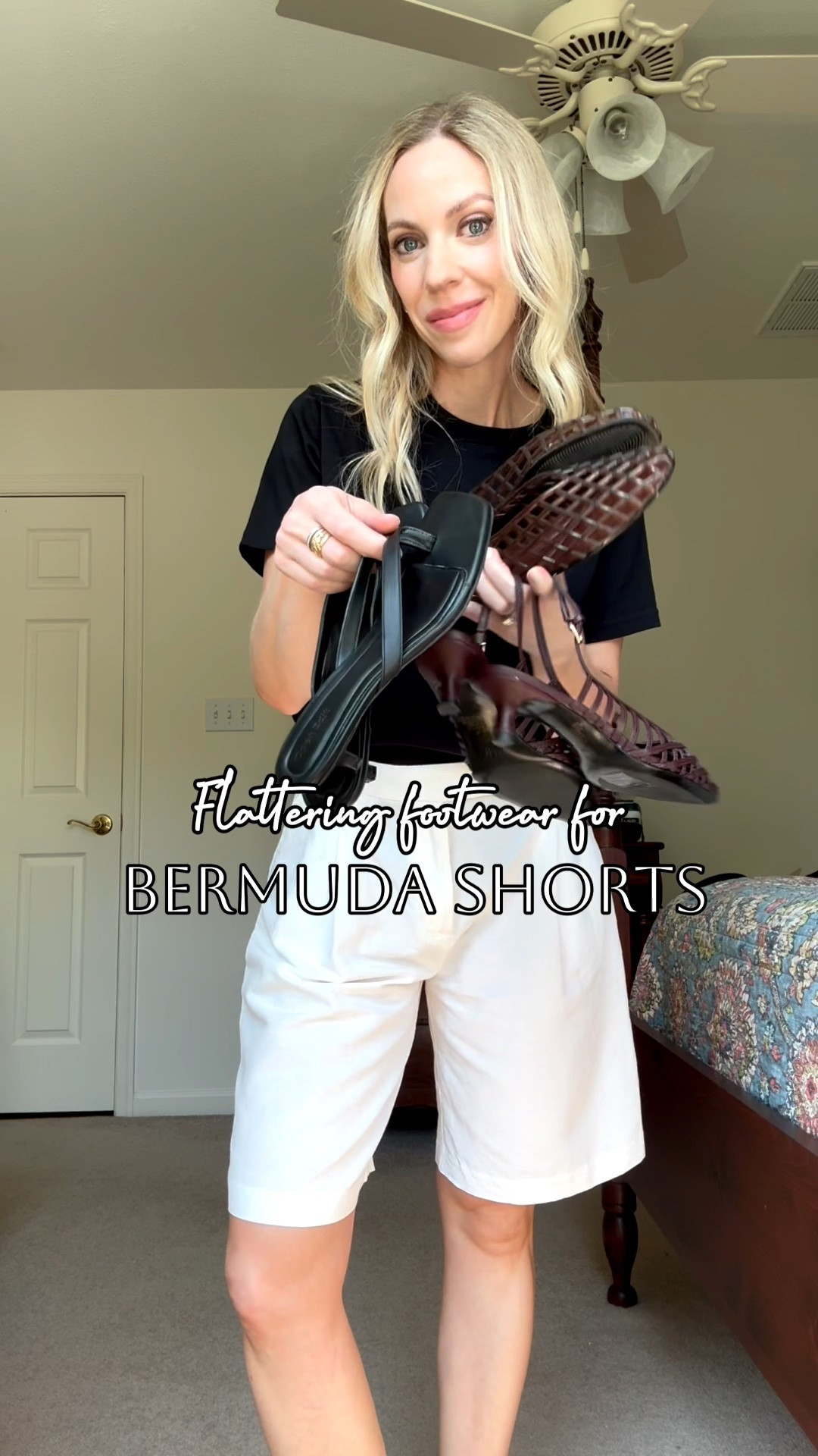 Styling bermuda shorts with kitten heels, thong sandals and jelly shoes

#LTKSeasonal #LTKOver40 #LTKgrwm