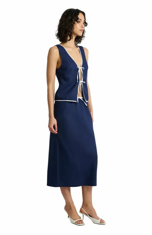 Onia Air Linen Midi Skirt in Deep Navy/white at Nordstrom, Size Small | Nordstrom