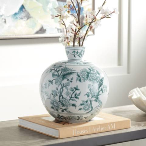 Lotus 11" High Ginger Jar Green and White Ceramic Decorative Vase | Lamps Plus