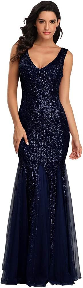 Sleeveless Double V-Neck Long Mermaid Sequin Formal Evening Dresses | Amazon (US)