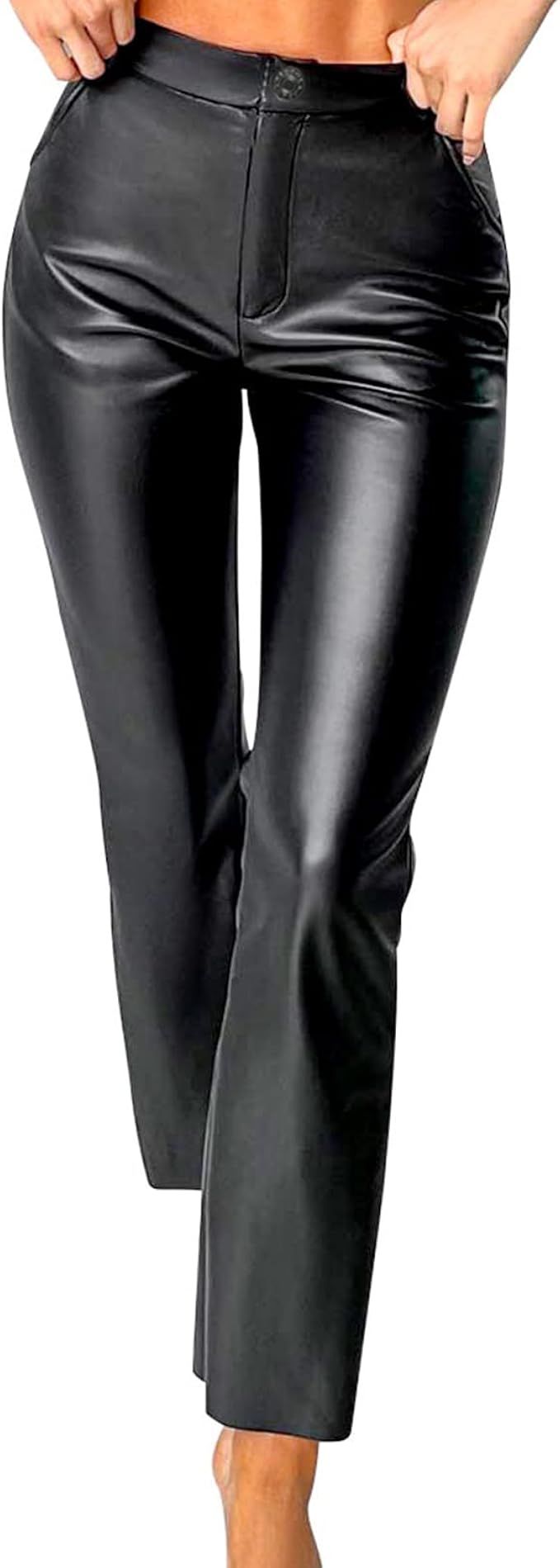 hibshaby Sexy Women Faux Leather Straight Leg Pants High Waisted Pu Leather Leggings Zipper Trous... | Amazon (US)