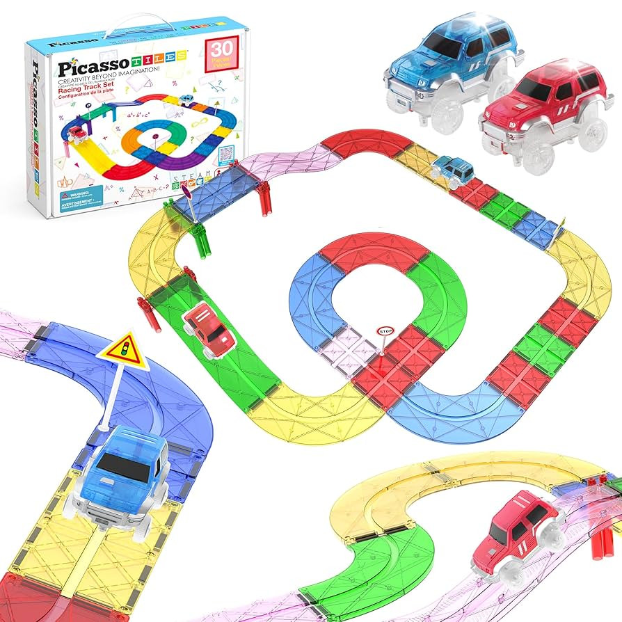 PicassoTiles Magnetic Tiles Race Track Car Thrilling Toy Playset Includes 2 Racing Trucks STEM Ed... | Amazon (US)