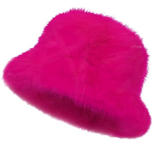 Women's Faux Fur Bucket Hats Fluffy Winter Warm Ladie's Unique Wide Brim Fisherman Cap(Hot Pink) | Amazon (US)