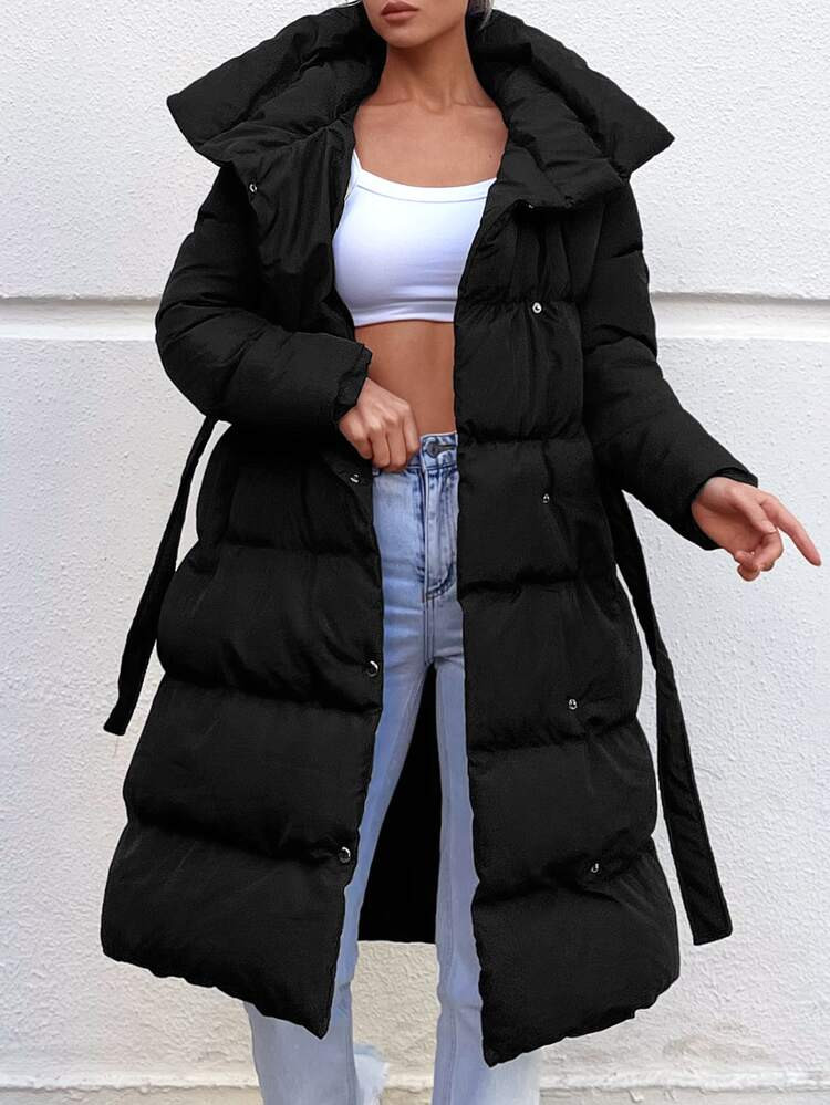 Puffer Mantel mit Knopf vorne, Zwei Taschen, Gürtel | SHEIN