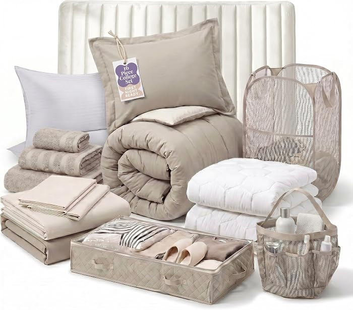 Hearth & Harbor 16 Piece Complete Dorm Room Set, Twin XL Comforter Set, Includes Sheet Set, Mattr... | Amazon (US)