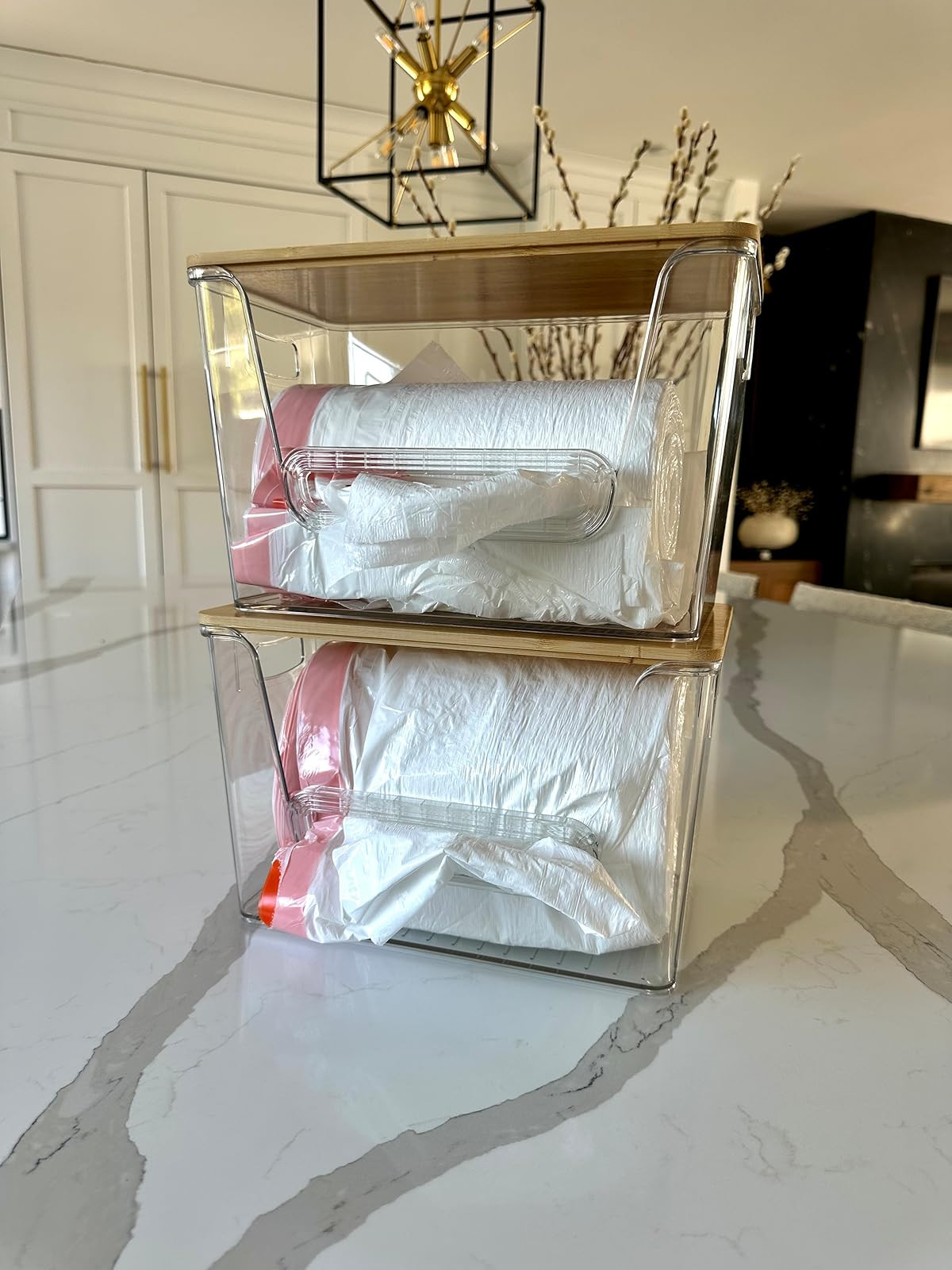 acrylic pantry organizers with bamboo lids! They’re perfect for storing trash bags and dishwasher pods under the sink or using as snack trays and fruit bins in your pantry. I love that they’re stackable! | Amazon (US)