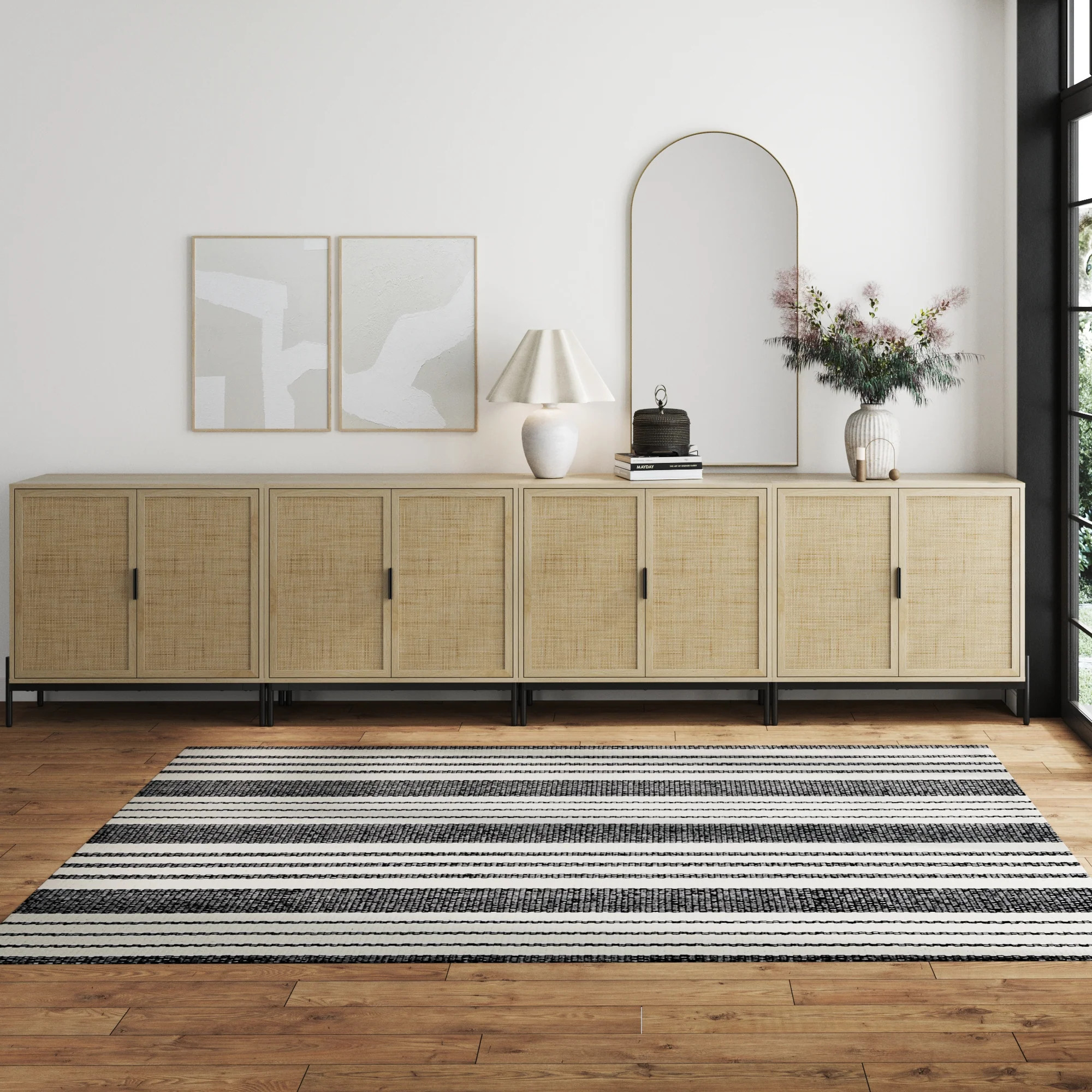 Large Rattan Credenza Console Table Oak (Set of 4) | Nathan James