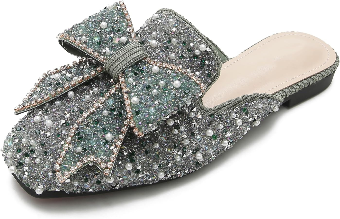 SAFECAMS Women's Rhinestone Bow Flat Mules Comfortable Square Toe Slip on Penny Loafers Ladies Ba... | Amazon (US)