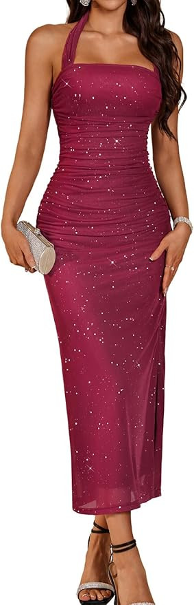 DRESSTELLS Womens Halter Sparkly Formal Maxi Dress Corset Ruched Bodycon Wedding Guest Holiday Dr... | Amazon (US)