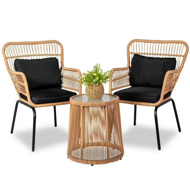 Tappio 3-Piece Patio Conversation Bistro Set Rattan Furniture, Outdoor Patio Set w/Glass Top Tabl... | Walmart (US)