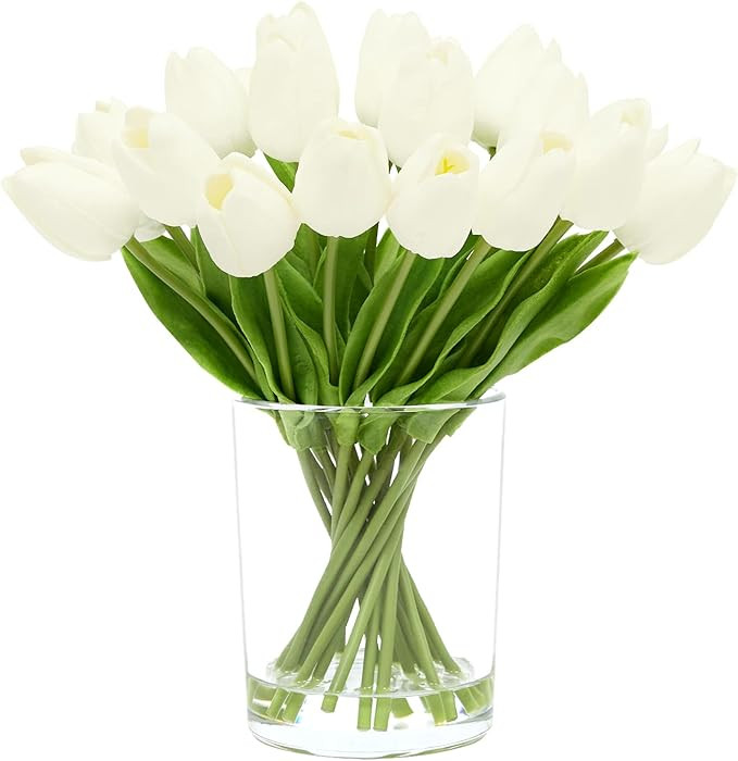 WELL KNOWN 20 Pcs White Tulips Artificial Flowers in Vase, Fake Flowers in Glass Vase, Real Touch... | Amazon (US)
