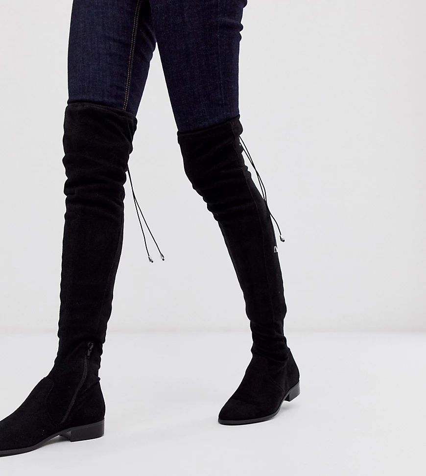 ASOS DESIGN Wide Fit Wide Leg Kayden flat thigh high boots in black | ASOS (Global)