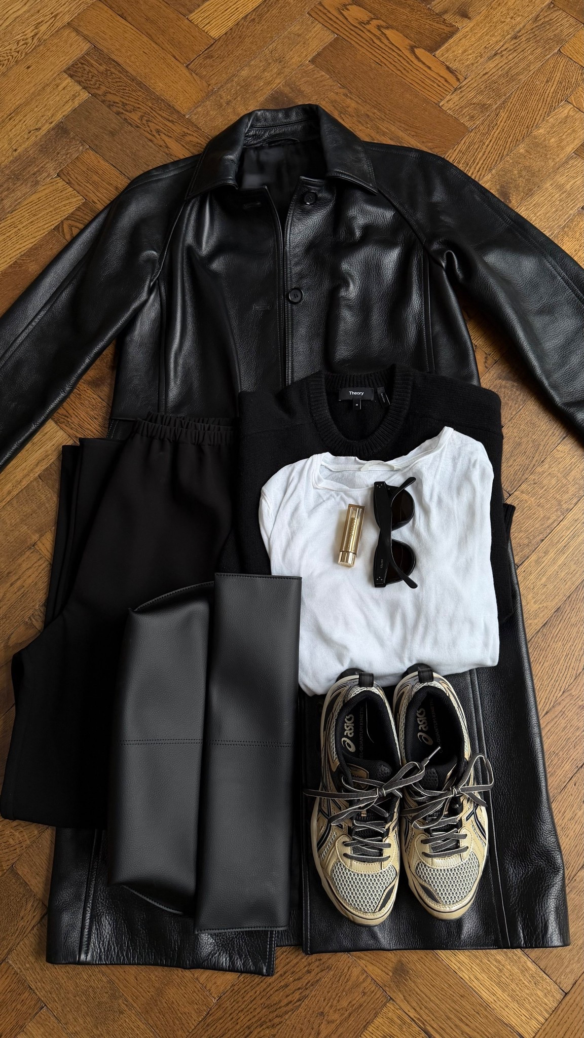Today’s outfit | black leather toteme coat + ASICS + Black Tousers + white tee + Freja bag 

#LTKspring #LTKstyletip #LTKbag