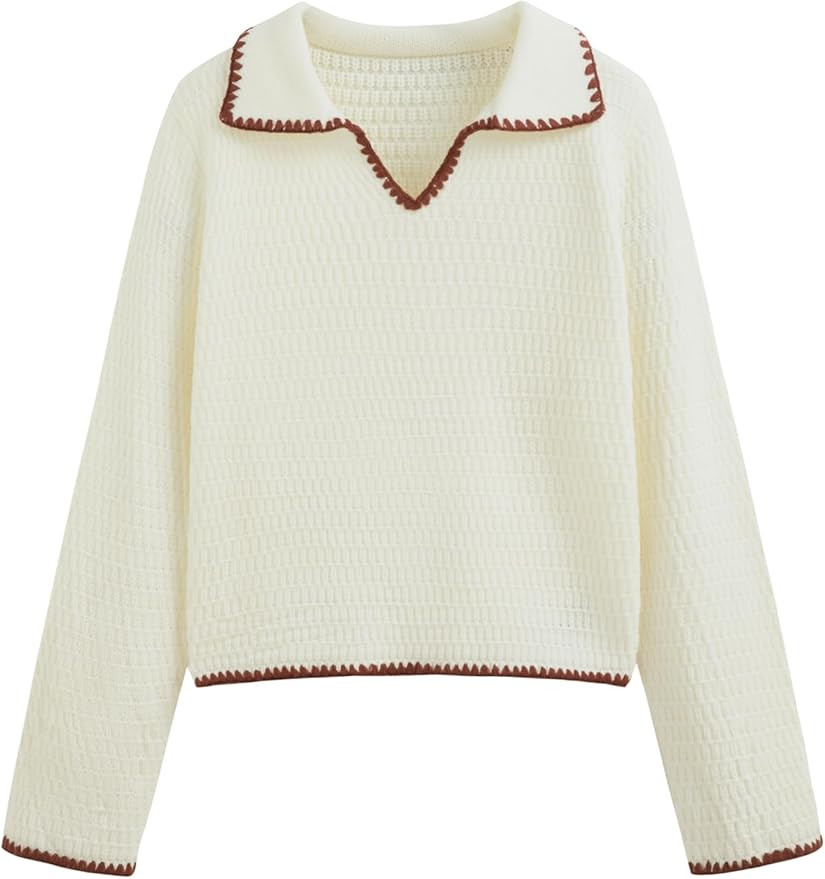 CIDER Sweaters for Women Trendy Color Trim Cute Long Sleeve V Neck Collared Knit Pullover Sweater... | Amazon (US)