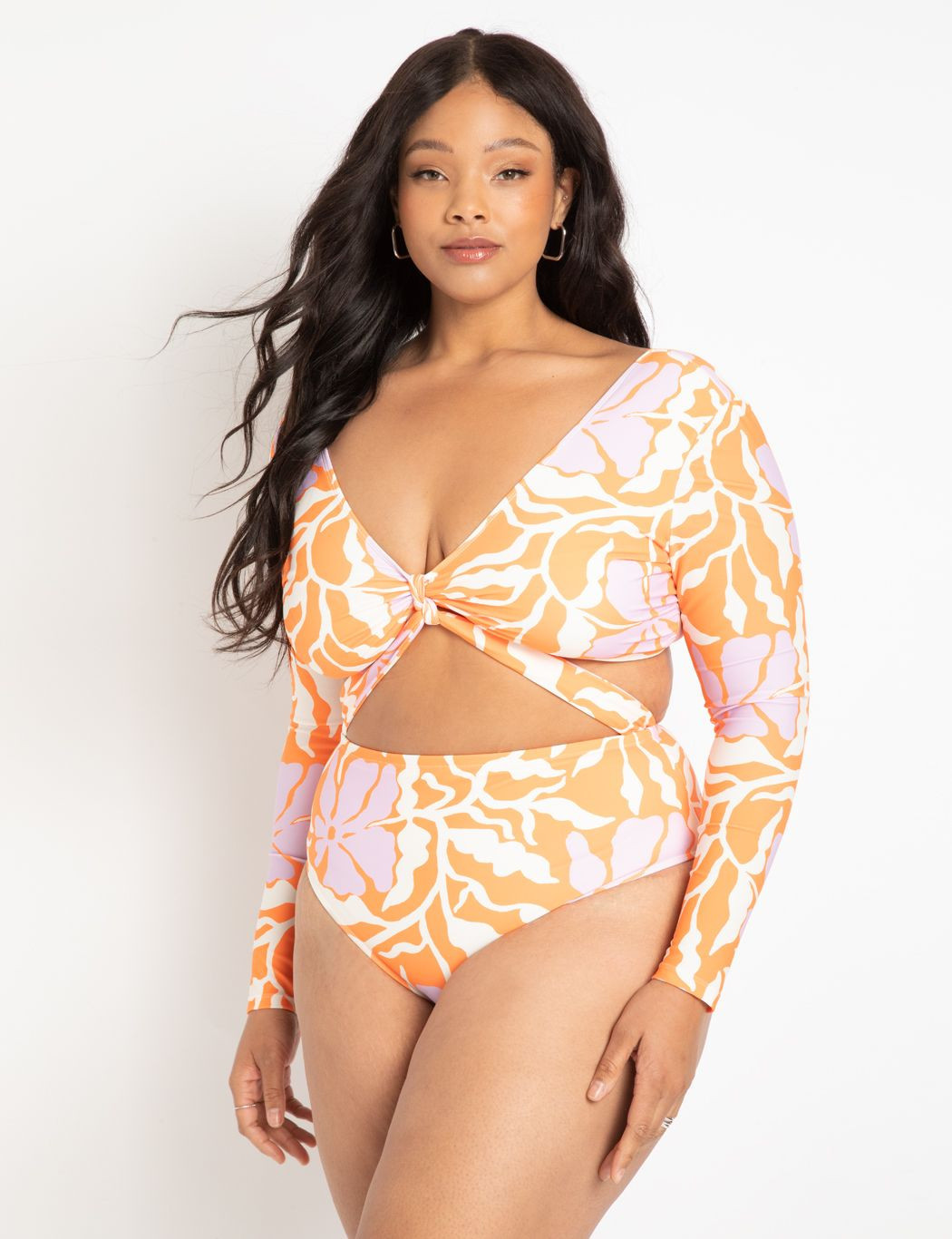 Gabi Fresh Swim x ELOQUII Long Sleeve Knot Front Wrap Swimsuit | Eloquii