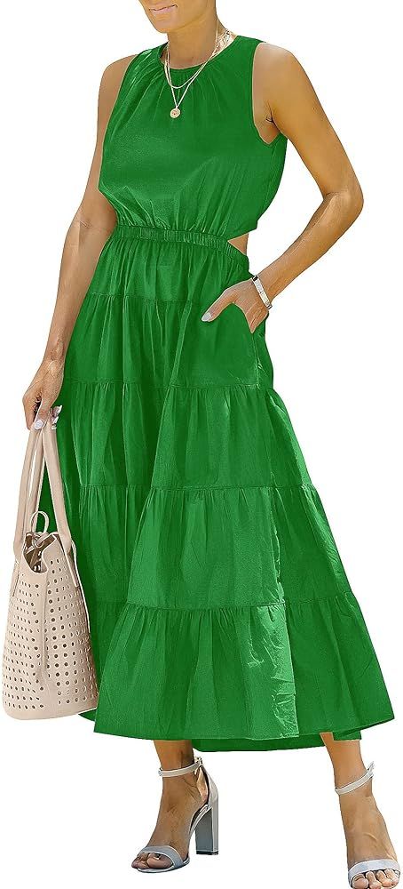 ANRABESS Womens Summer Sleeveless Cutout Maxi Dress Crewneck Tiered Flowy A-Line Sundress with Pocke | Amazon (US)