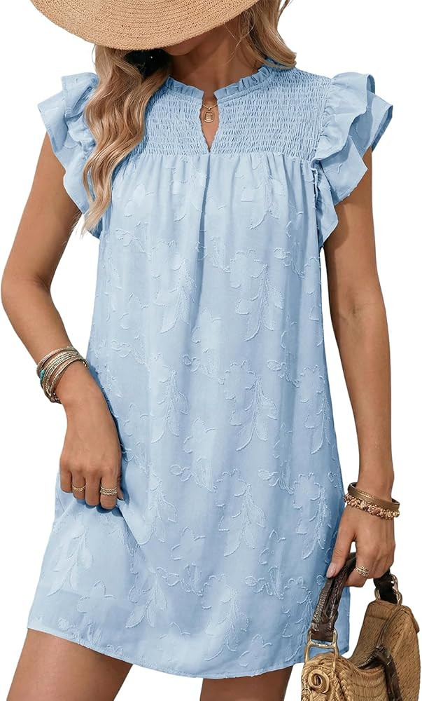 Dokotoo Womens Summer Dresses 2026 Ruffle Short Sleeve Casual V Neck Smocked Floral Burnout Mini ... | Amazon (US)