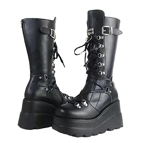 Gothniero Platform Boots Black Goth Boots Knee High Chunky Heel Gothic Holographic Booties Women Combat Motorcycle Boots with Buckles US5-11 | Amazon (US)