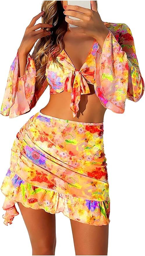 SHENHE Women's 4 Piece Halter Swimsuits with Cover Up Floral Triangle Cheeky Bikini Set | Amazon (US)
