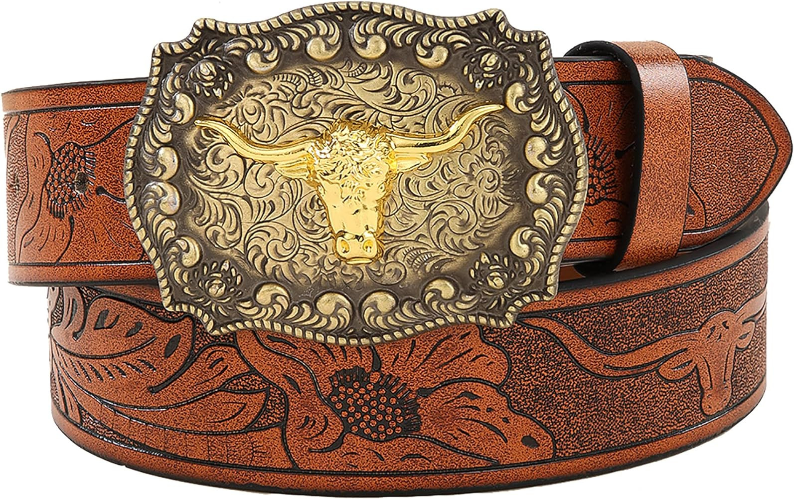 Western Cowboy Cowgirl Leather Belts - Women Men Turquoise Embossed Waist Belts With LongHorn Bul... | Amazon (US)