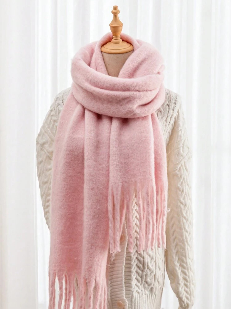 1pc Solid Color Scarf, Winter Warm Neck, Thickened Wool Knitted Thick Fringed Shawl, Can Be Worn | SHEIN