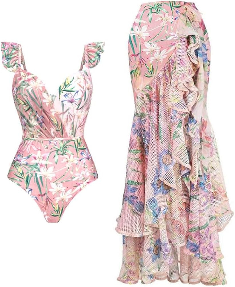 FLAXMAKER Floral Print One Piece Swimsuit and Mesh Splicing Sarong | Amazon (US)